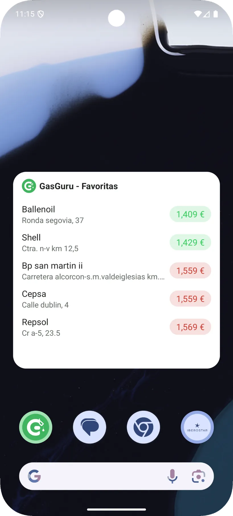 Widget de pantalla de inicio con las gasolineras favoritas