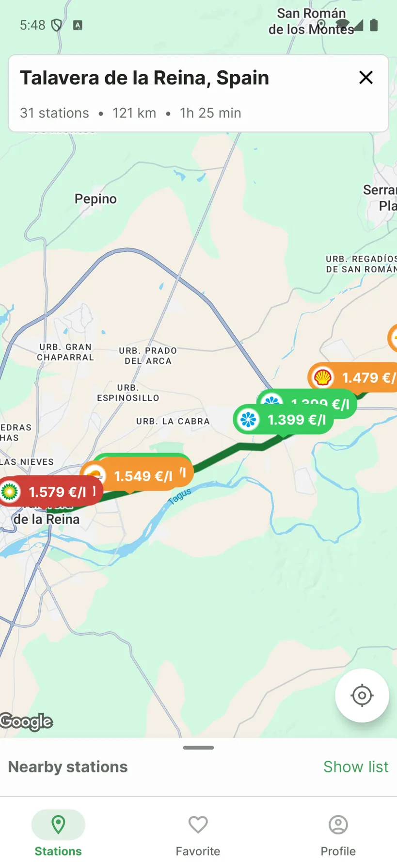 Mapa de gasolineras cercanas en la app GasGuru